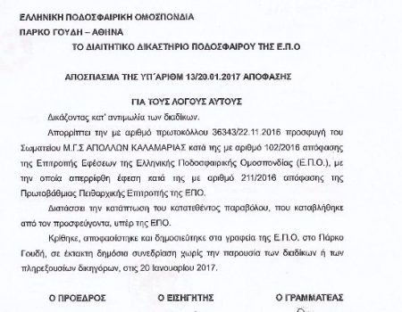 Επισήμως μηδενίστηκε ο Απόλλων Καλαμαριάς από το διαιτητικό δικαστήριο